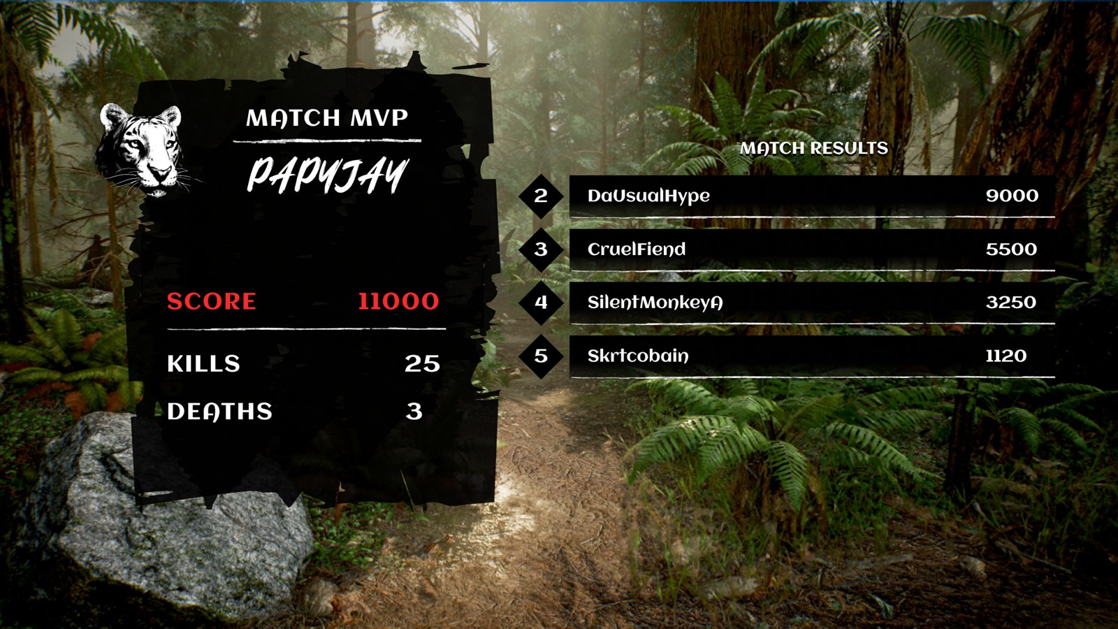 Post-match results screen with a Match MVP panel and a ranked scoreboard